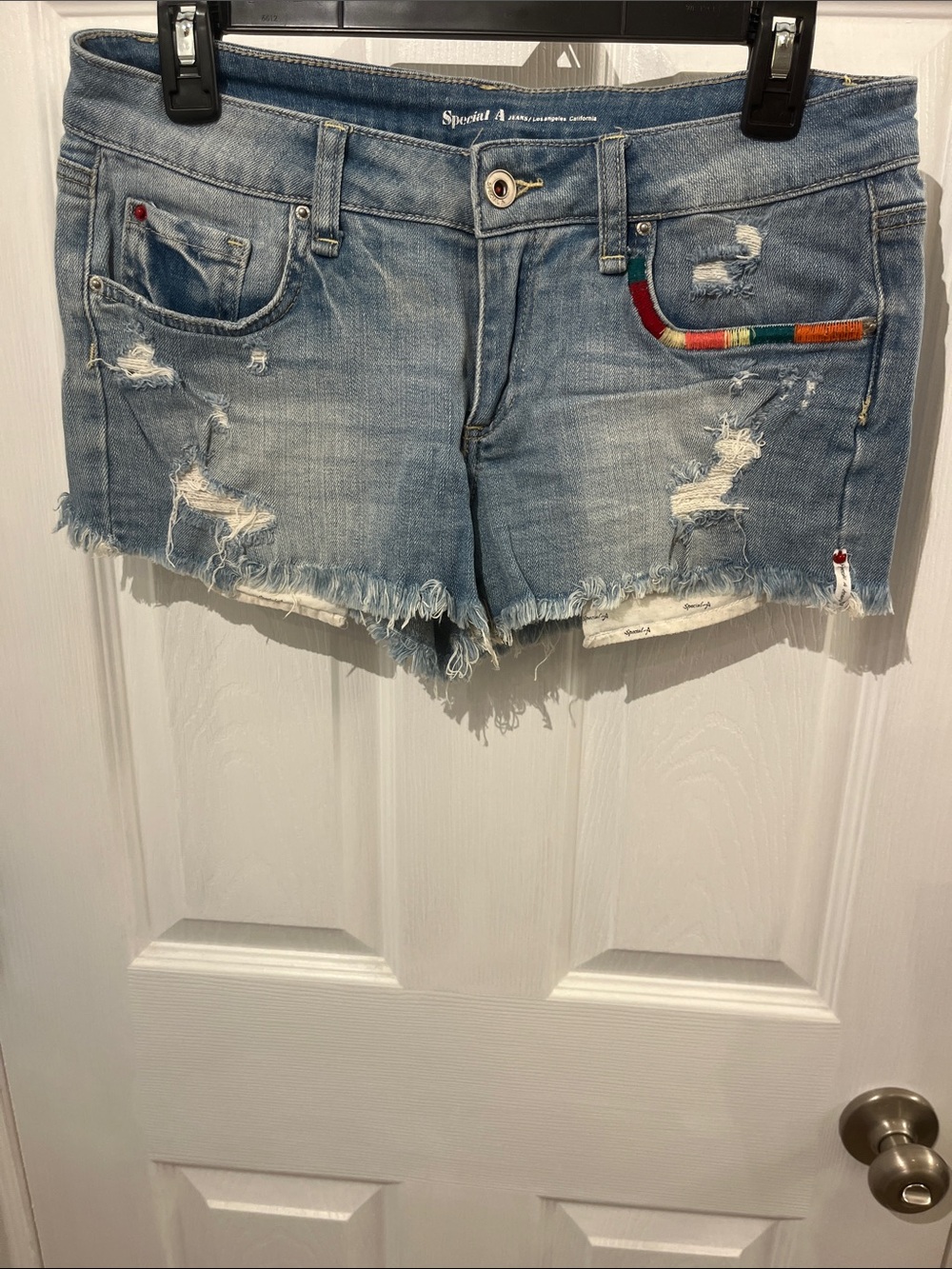 Women’s Light Blue Distressed Denim Shorts with Embroidered Detail